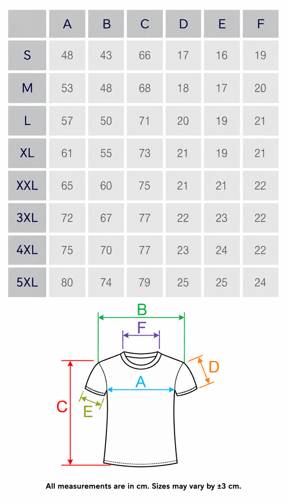 Size guide in centimeters